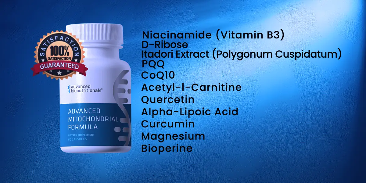 Advanced Mitochondrial Formula supplement bottle with mitochondrial
health supplements ingredients