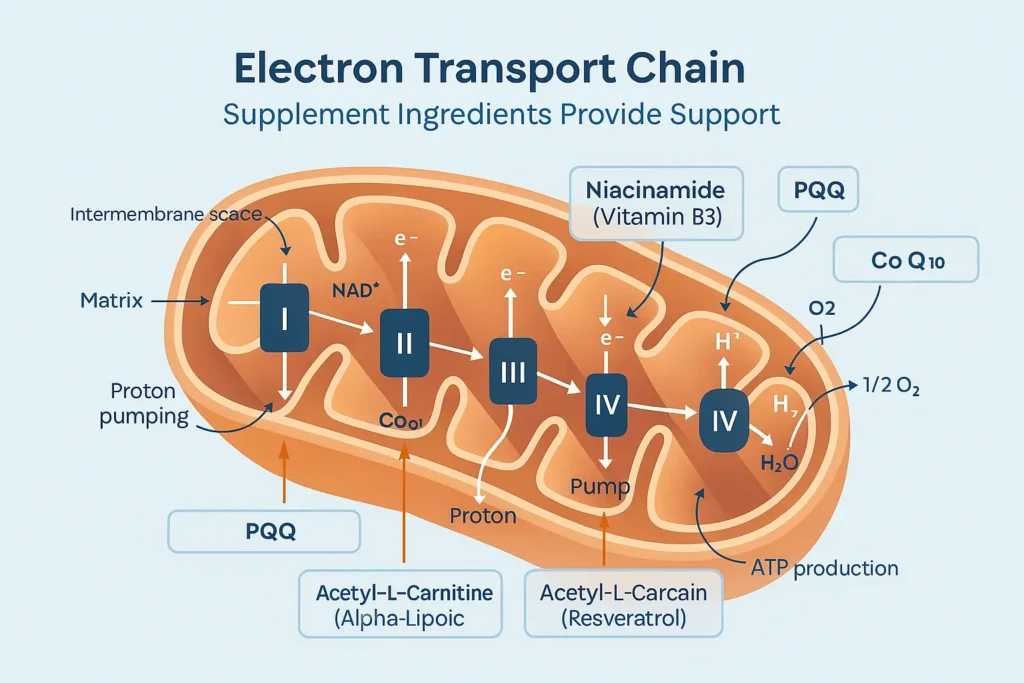 Diagram showing how mitochondrial health supplements support
cellular energy production in the mitochondria